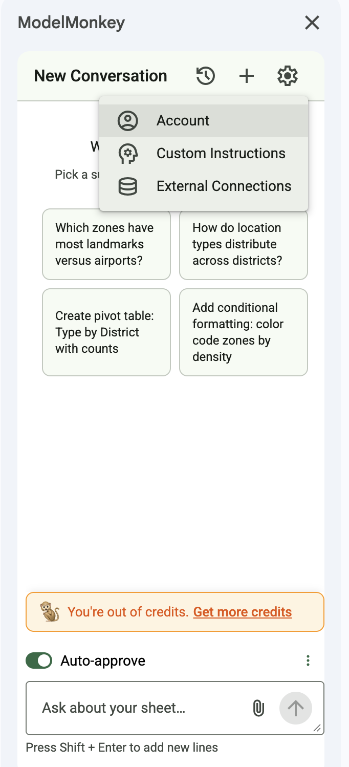 ModelMonkey sidebar with the settings menu open and Account highlighted