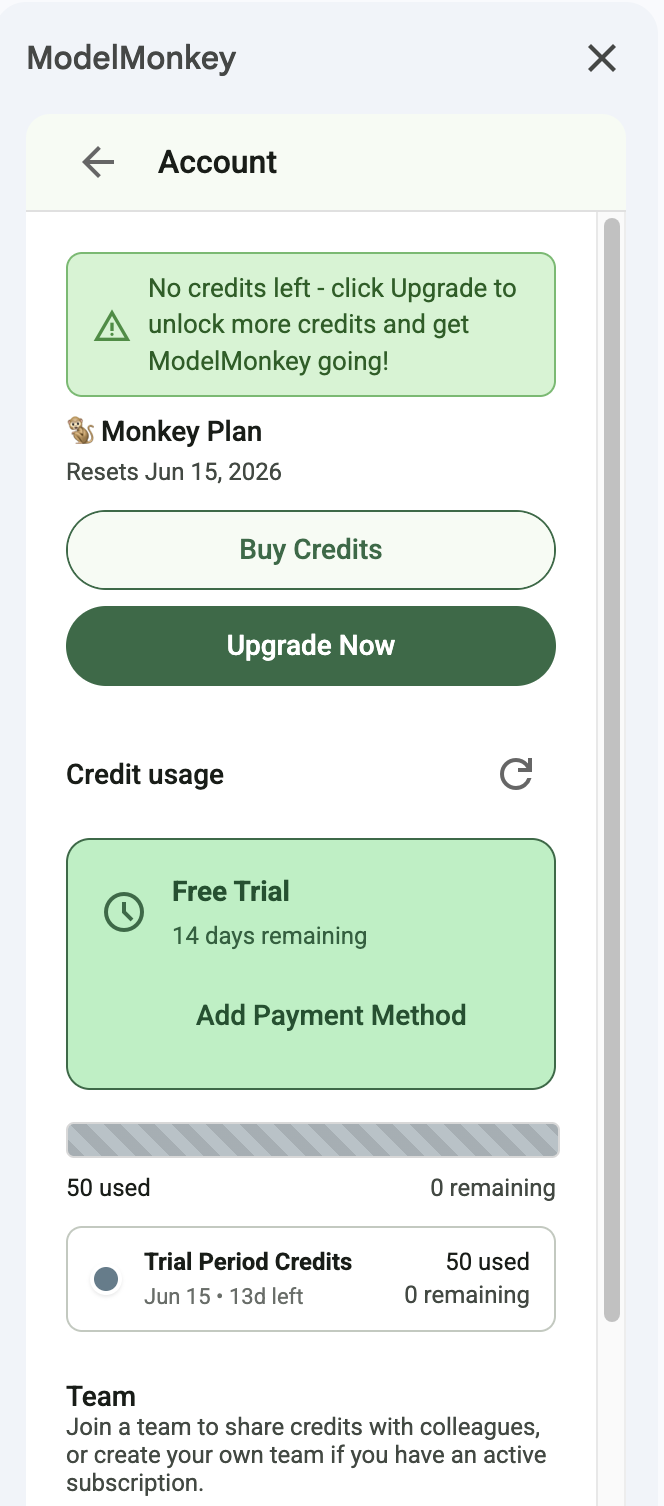 ModelMonkey Account page showing Buy Credits and Upgrade Now buttons