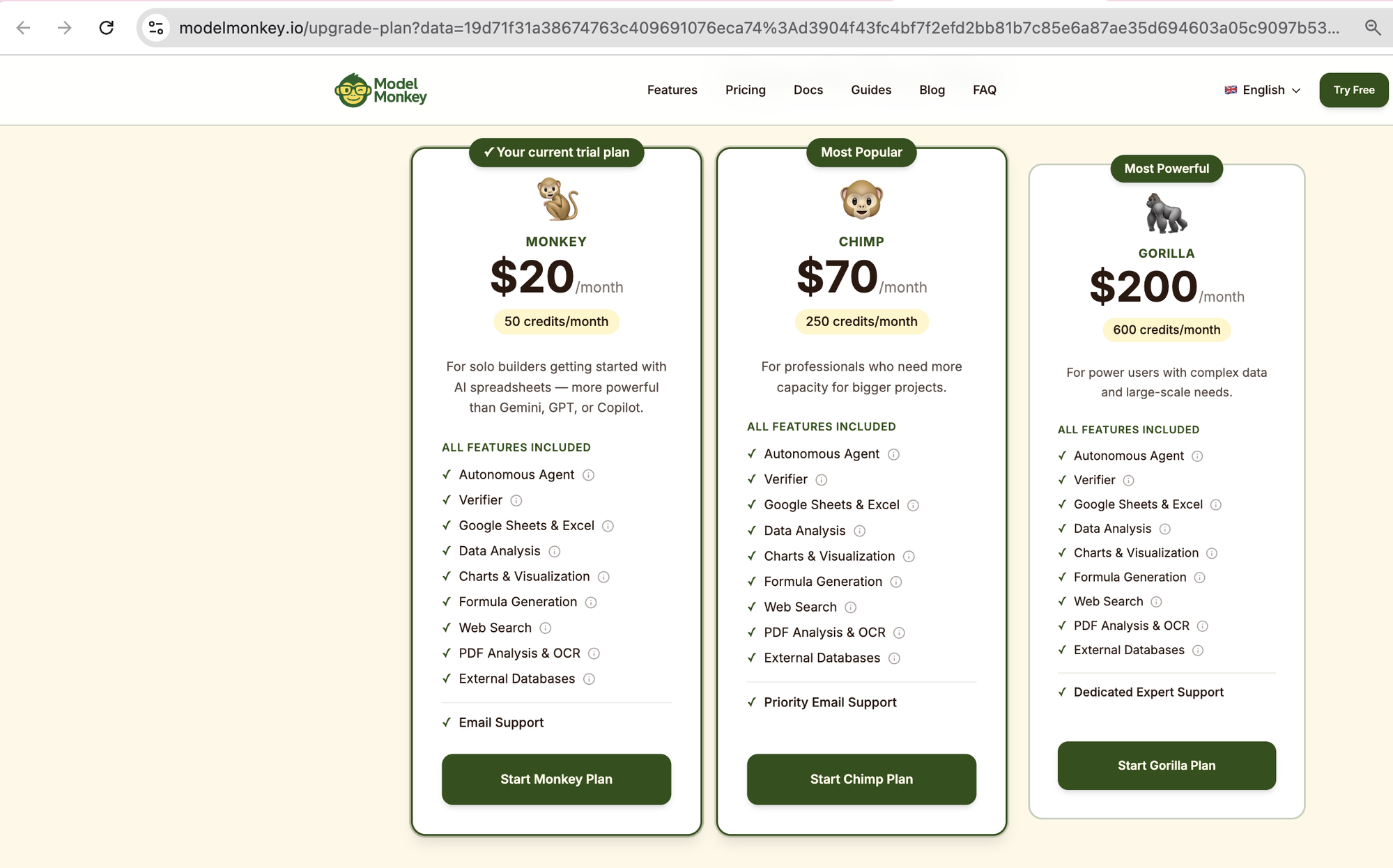 Plan picker on modelmonkey.io showing Monkey, Chimp, and Gorilla tiers
