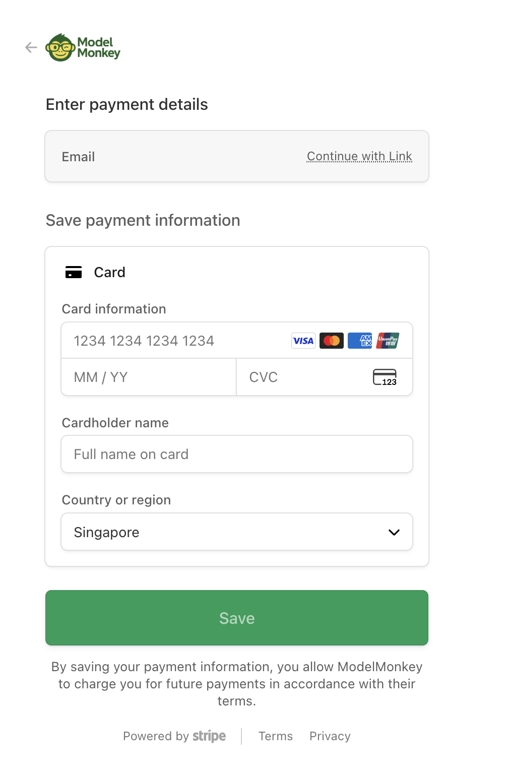 Stripe checkout page with email, payment method, and card fields