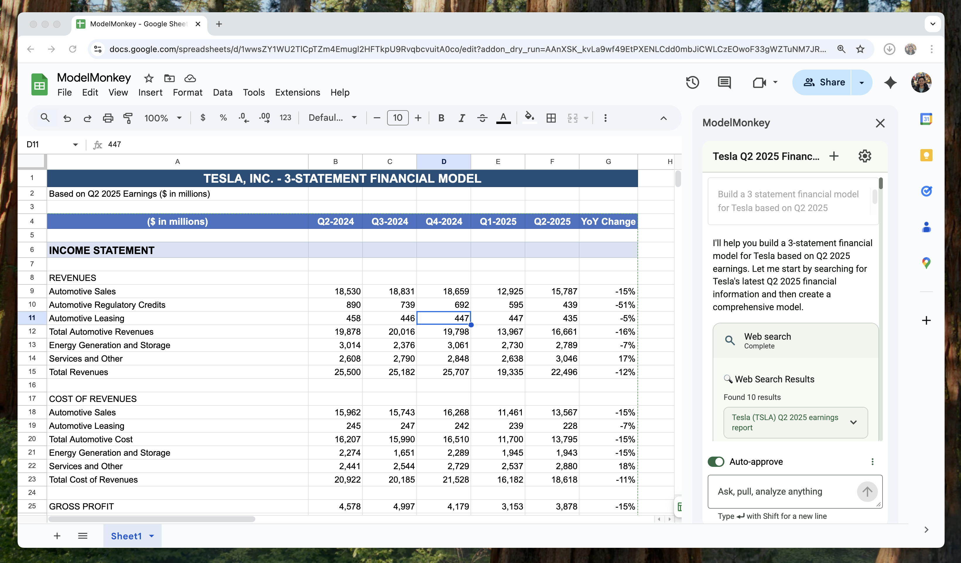 ModelMonkey in Google Sheets™ showing a financial model