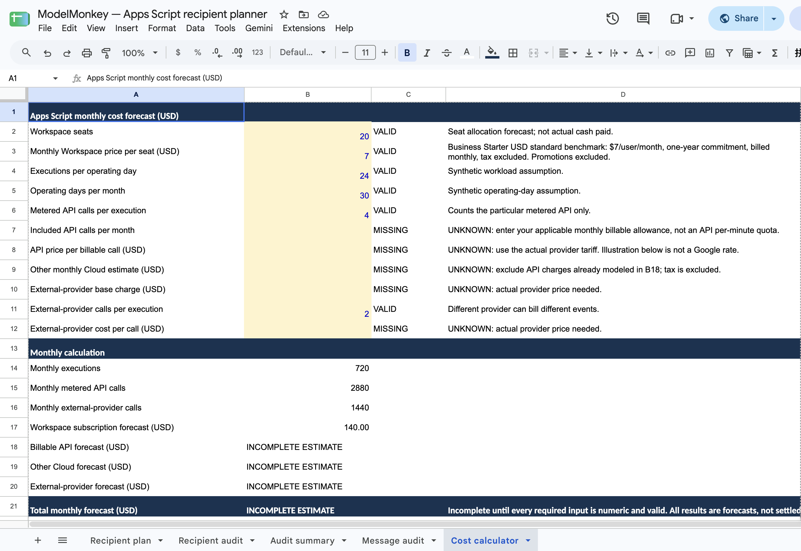 Actual native Google Sheets cost calculator with unknown charges left incomplete