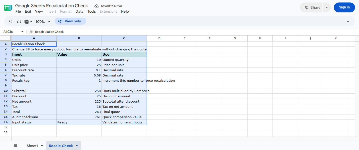 Recalculation check template showing quote inputs, recalculation key, calculated outputs, checksum, and input status.