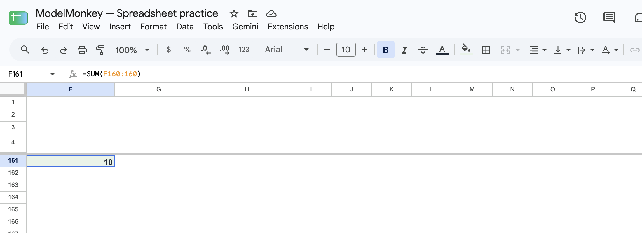 Google Sheets formula SUM(F160:160) returns 10 from 2, 3, and 5