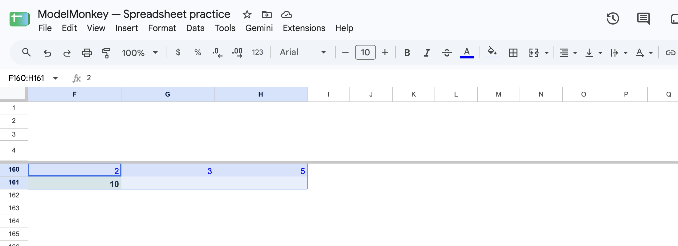 Synthetic inputs 2, 3, and 5 in F160:H160 and result 10 in F161 in Google Sheets