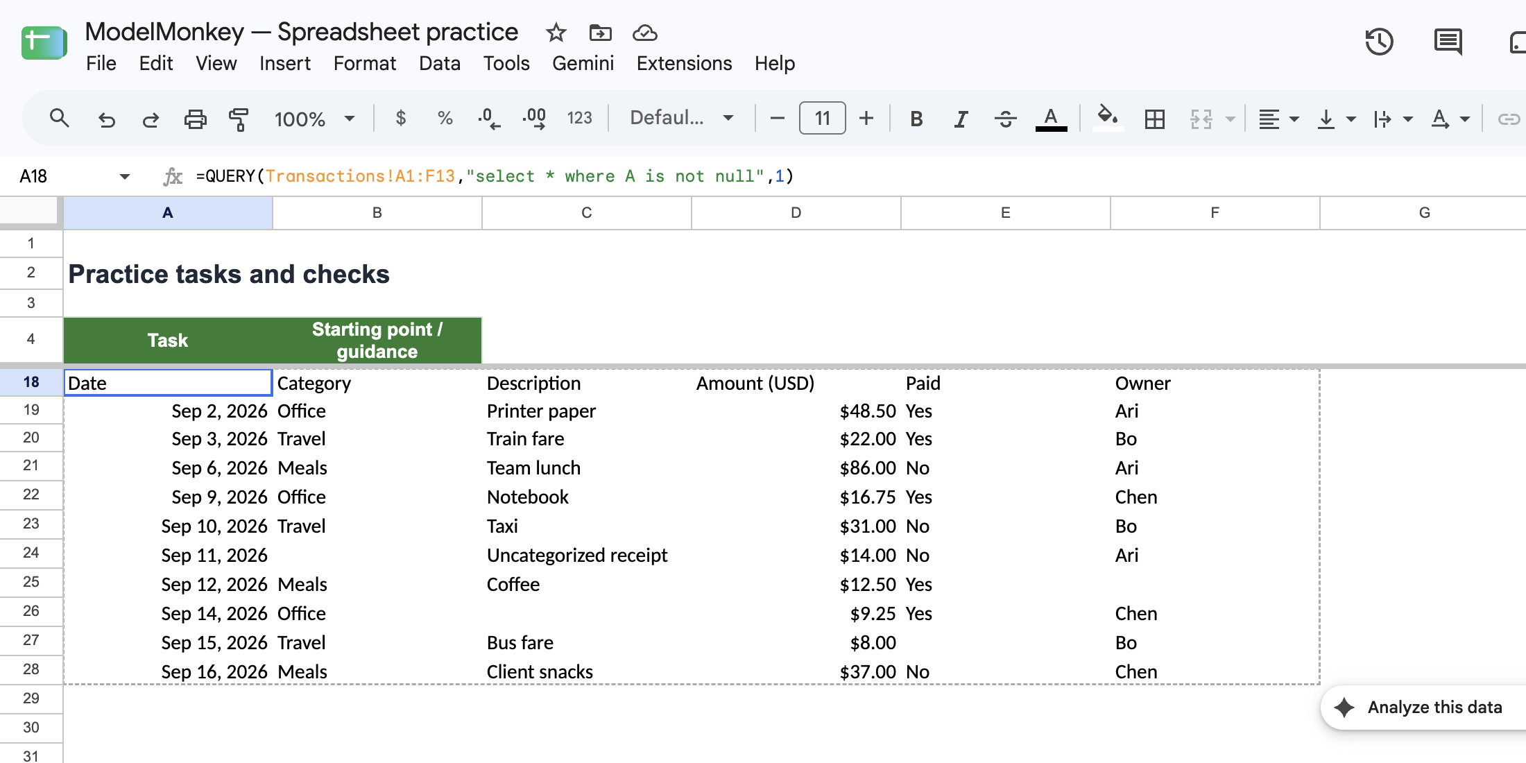 Native QUERY formula and returned transaction rows in Google Sheets